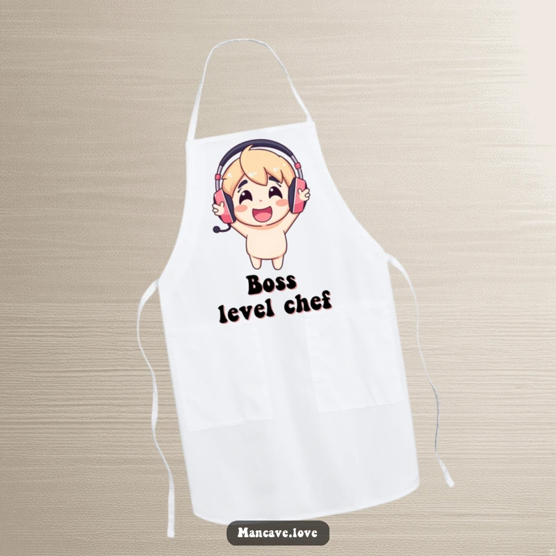 Funny gaming headset apron featuring a cheerful character cheering loudly, perfect for gamer cooking humor.