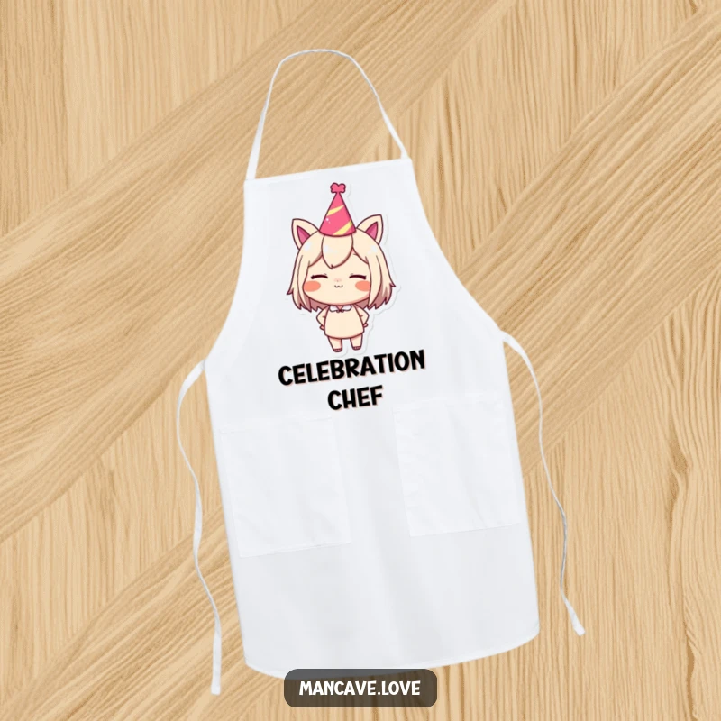 Funny apron with a character in a party hat, confidently winking, perfect for adding flair to cooking.