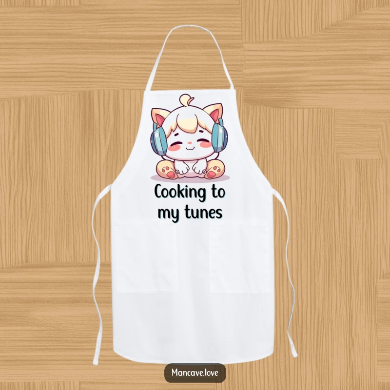 Funny Apron: A character relaxing with large headphones, perfect for kitchen fun and music lovers, a unique funny gift.