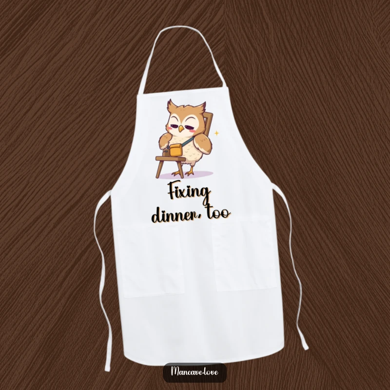 Funny Owl Apron: A cute owl character wearing a tool belt comically attempts to fix a wobbly chair while cooking.