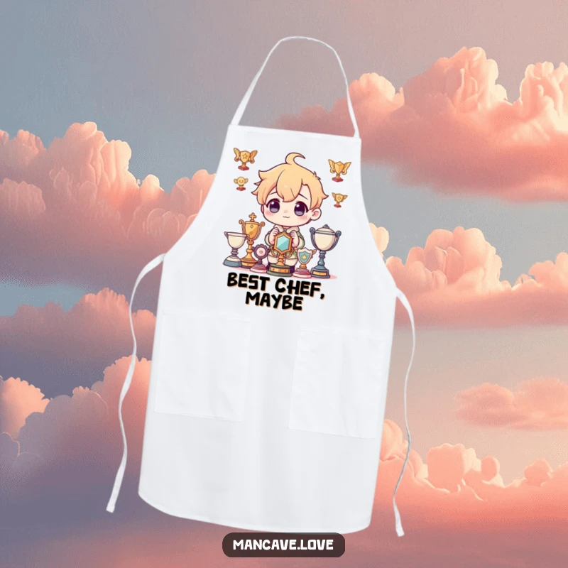 Funny Apron: A character admiring imaginary trophies, perfect for kitchen goals and champions, a unique funny gift.