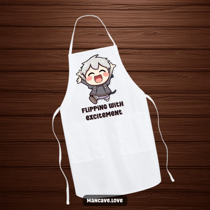 Funny Apron: A character joyfully jumping, ready for kitchen fun, adding a dose of humor and excitement, a unique funny gift.