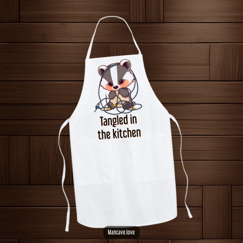 Funny Badger Apron: A cute badger character curiously examines a tangled mess of wires, perfect for humorous kitchen tasks.