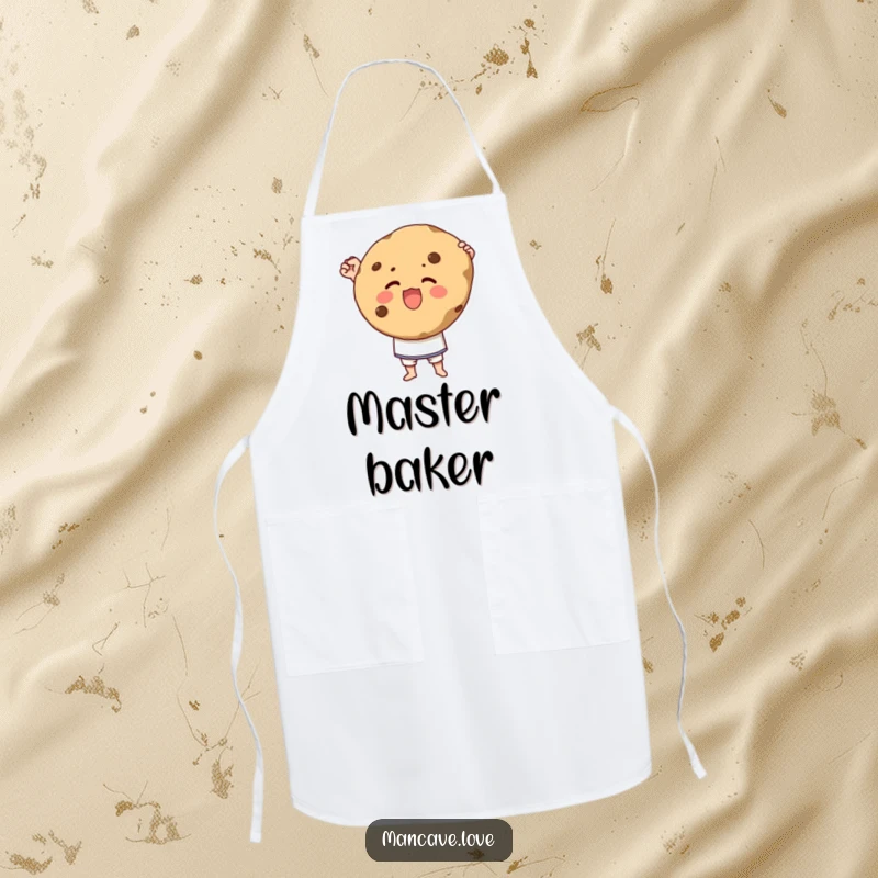Funny apron with a character triumphantly holding a giant cookie with pride, perfect for proud bakers.