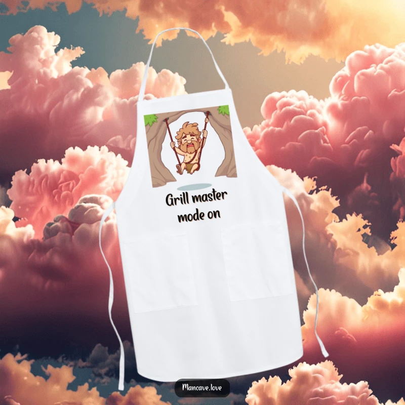 Funny Caveman Apron showing a character playfully swinging a club while cooking, a humorous and practical kitchen accessory.