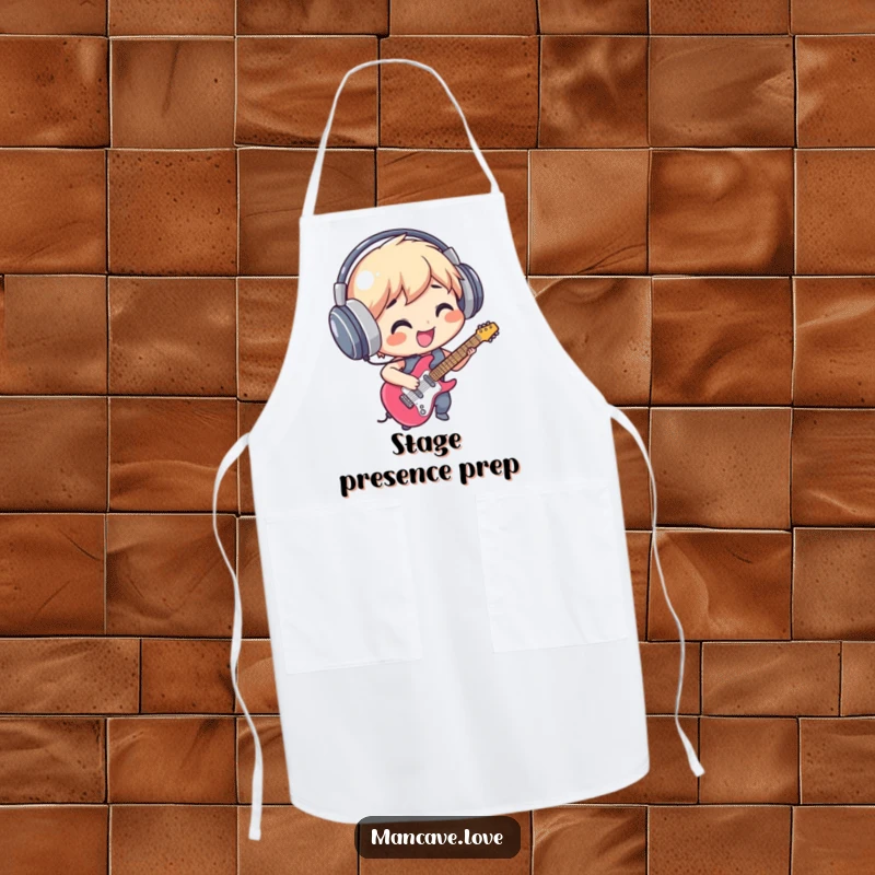Funny Apron: A smiling character with headphones, hilariously playing an air guitar while cooking, adding humor to the kitchen.