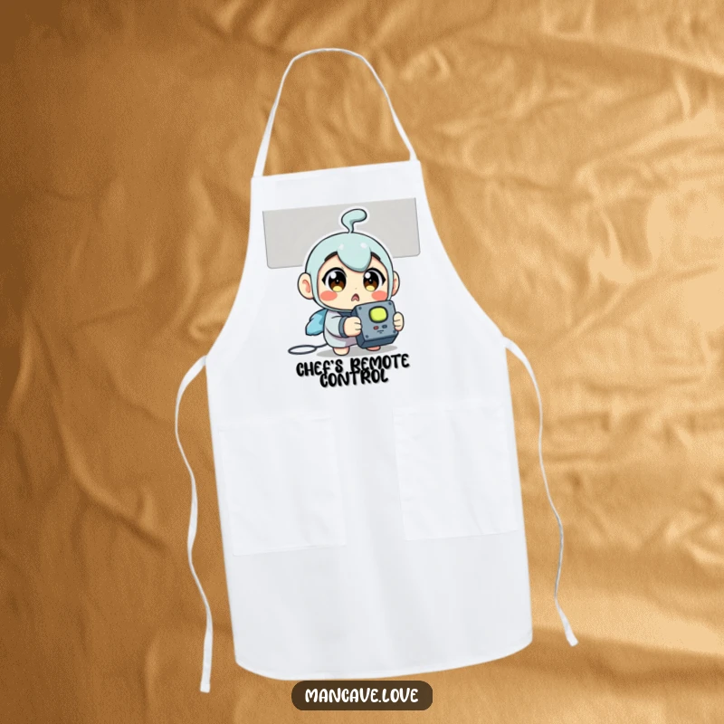Funny Apron: A surprised character holding a TV remote, ready to navigate channels while handling kitchen duties.