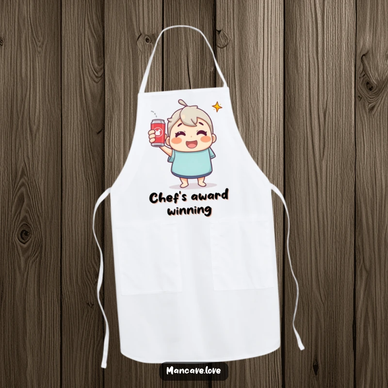 Funny Apron: A cheerful character holding a soda can high in a toast, ready to celebrate delicious meals.