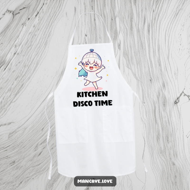 Funny apron designed with a character dancing and a spinning disco ball, perfect for adding humor and party spirit to cooking.