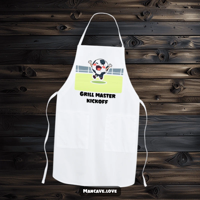 Funny football bounce apron featuring a joyful character bouncing, perfect for adding sports humor to cooking.