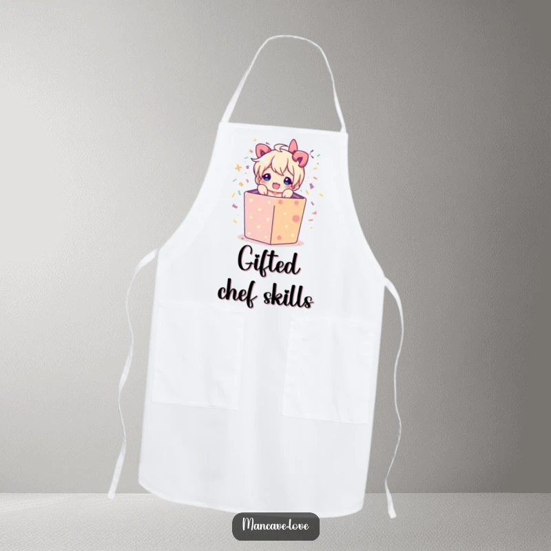 Funny apron designed with a character bursting from a gift box with confetti, perfect for adding humor and party spirit to cooking.