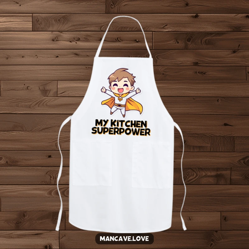 Funny apron designed with a character in a heroic pose and a fluttering cape, adding humor and flair to cooking.