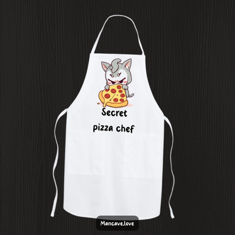 Funny apron showcasing a mischievous character sneaking a giant slice of pizza, perfect for a humorous kitchen accessory.