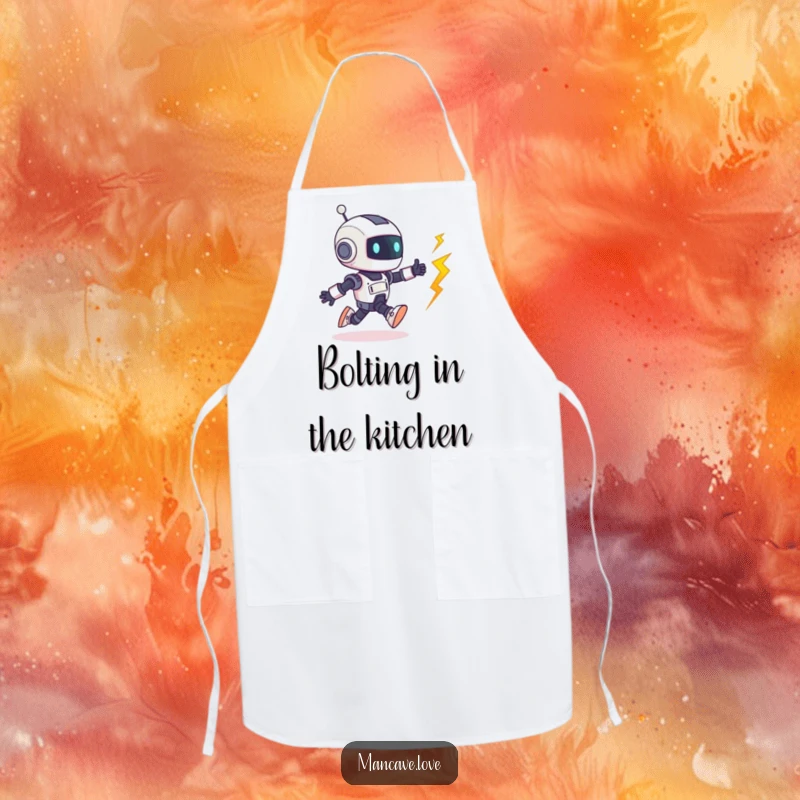 Funny Robot Apron: A tiny robot character playfully chases a runaway bolt, perfect for adding humor to kitchen tasks.