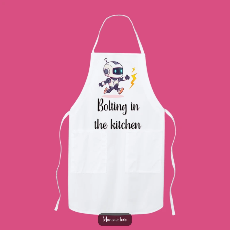 Funny Robot Bolt Chase Apron: Playful Kitchen Wear, Perfect Humorous Gift for Cooks