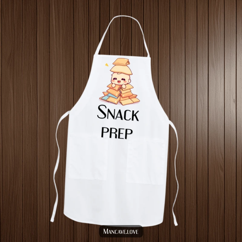 Funny giggling character apron, attempting to build a tower of snack bags, humorous kitchen accessory for snack lovers.
