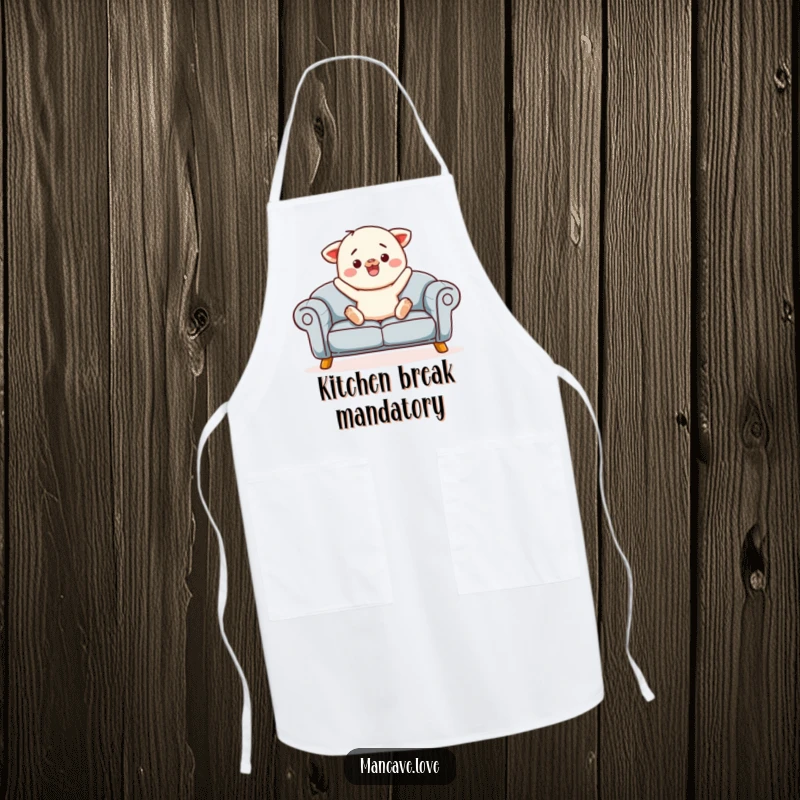 Funny sofa jump apron featuring a contented sofa character inviting a jump, perfect for relaxed cooking humor.