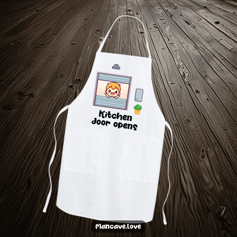 Funny miniature garage door character opening cheerfully, printed on a practical and welcoming apron.