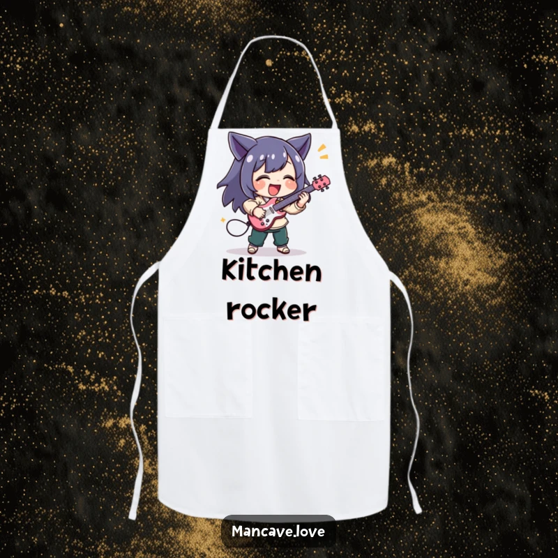 Funny apron with a character joyfully playing a tiny air guitar with excitement, perfect for kitchen performances.