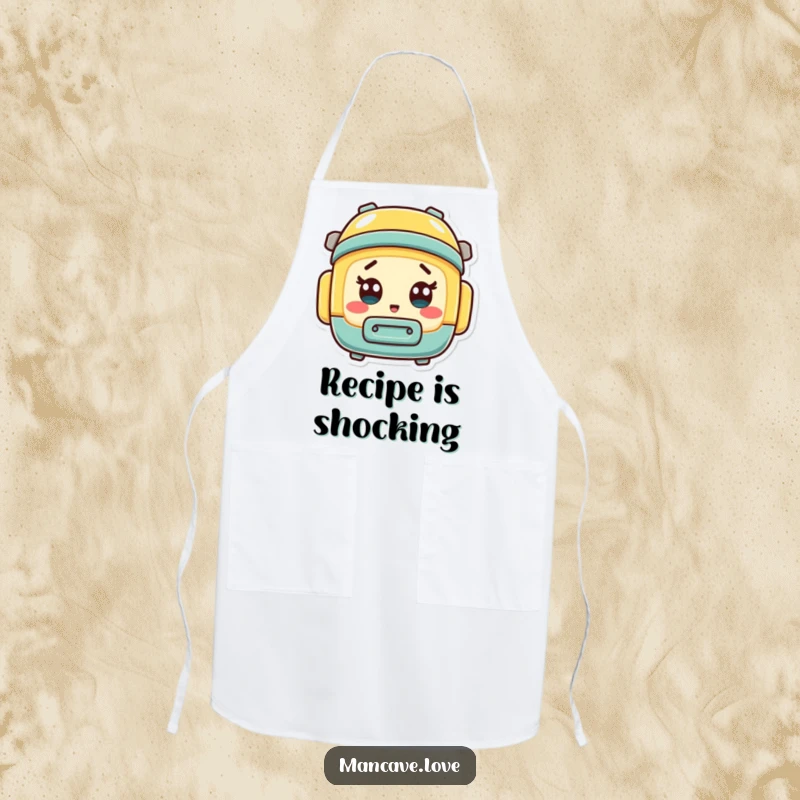 Funny mini toolbox character with a surprised expression, printed on a practical and amusing apron.