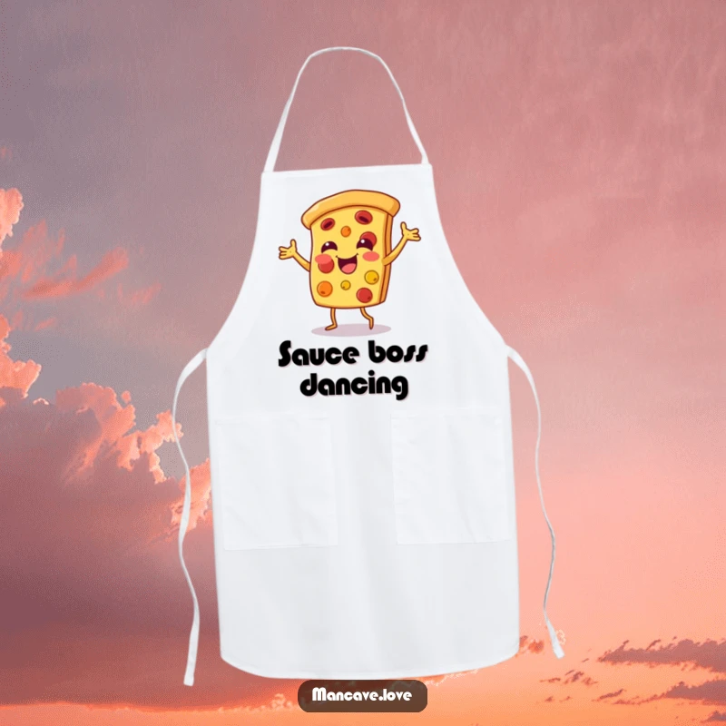 Funny pizza dance apron featuring a smiling pizza slice character dancing happily, perfect for cooking humor.