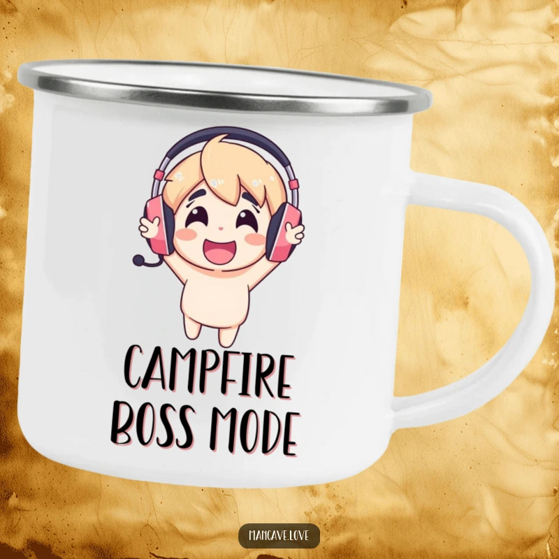 Funny gaming headset camping mug with a cheerful character cheering loudly, ideal for outdoor gamer fun.