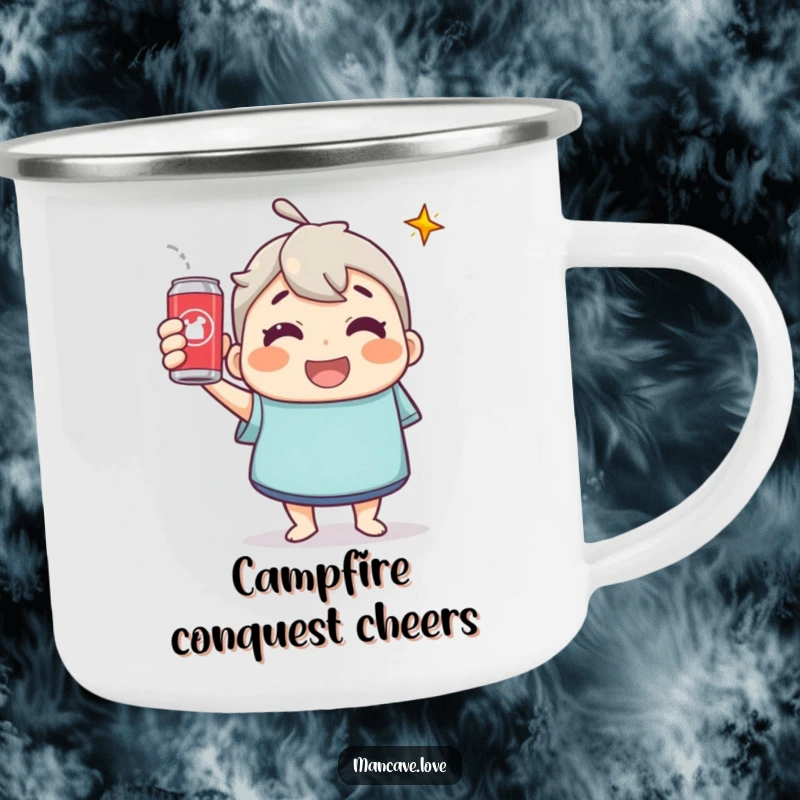 Funny Camping Mug: A cheerful character toasting with a soda can, bringing celebratory vibes to outdoor adventures.