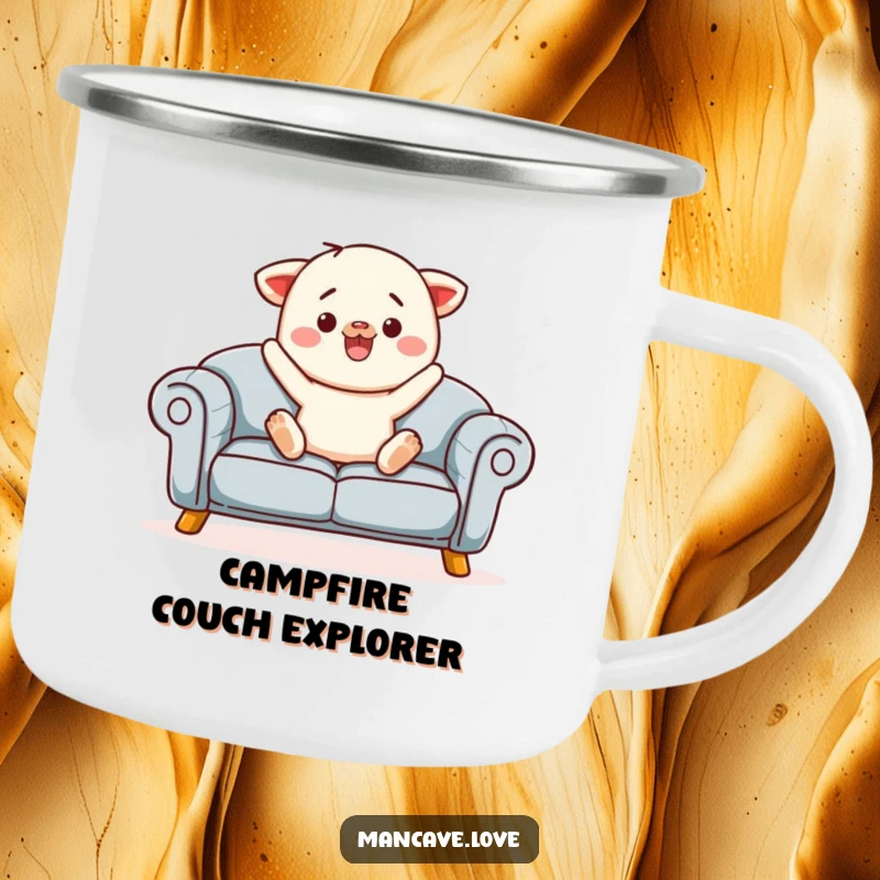 Funny sofa jump camping mug with a contented sofa character inviting a jump, ideal for cozy outdoor moments.