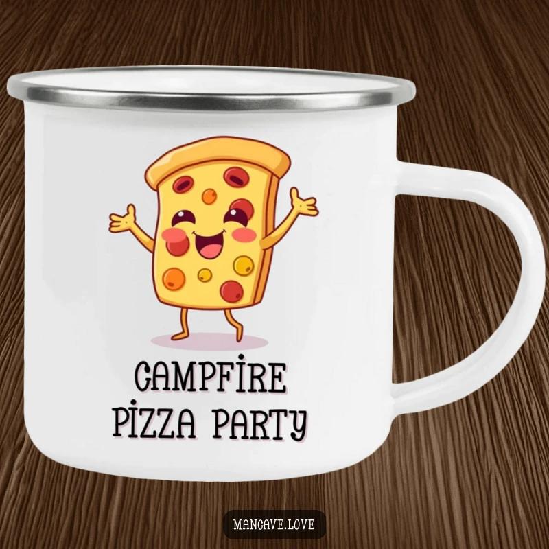 Funny pizza dance camping mug with a smiling pizza slice character dancing happily, ideal for outdoor food lovers.