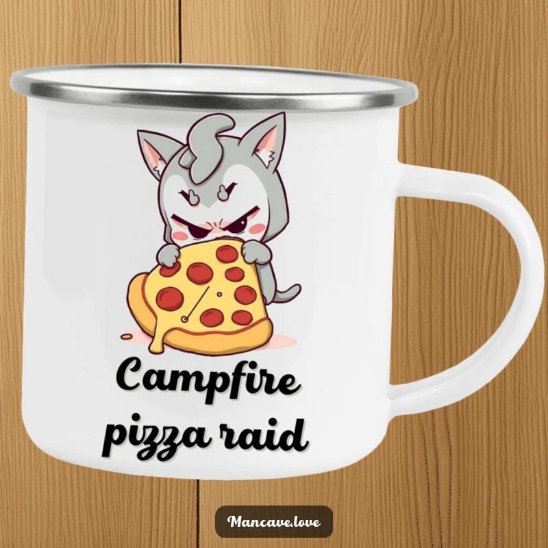 Funny camping mug featuring a mischievous character sneaking a giant slice of pizza, perfect for outdoor sipping and humorous moments.
