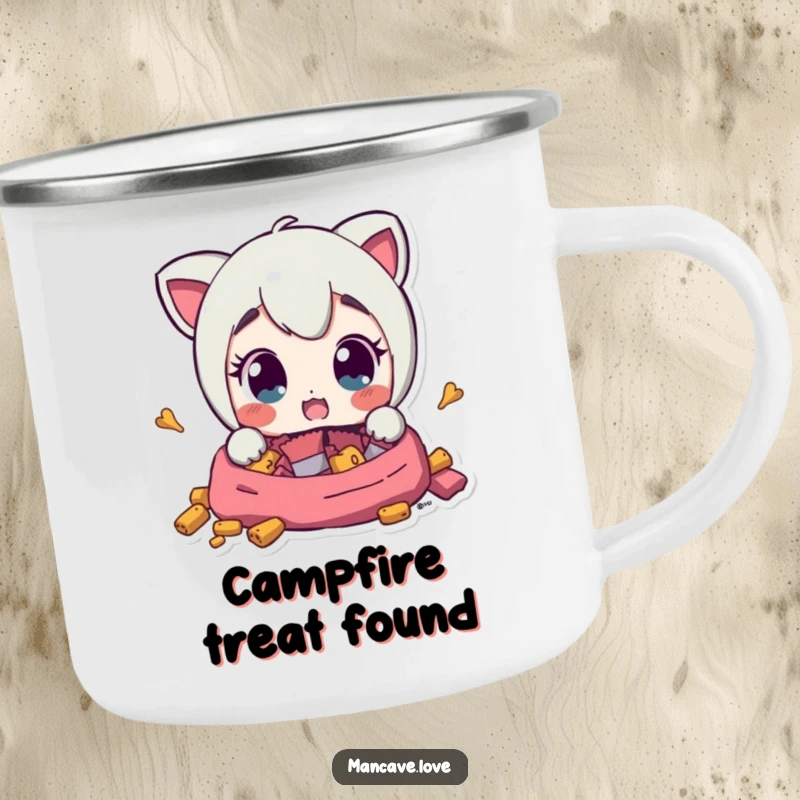 Funny Camping Mug depicts a character with surprised eyes finding snacks, offering a humorous and delightful design for outdoor enthusiasts.