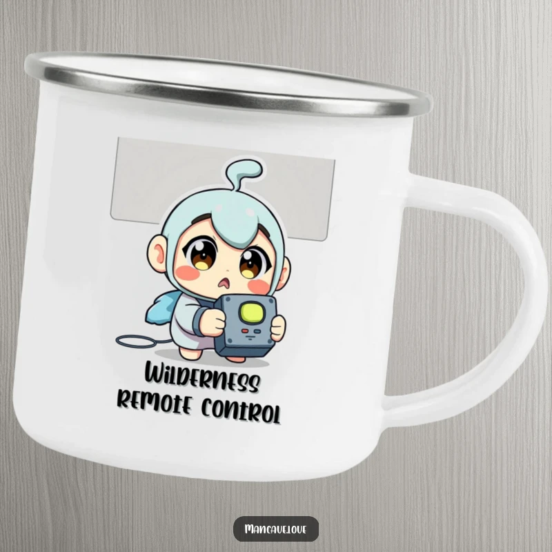 Funny Camping Mug: A surprised character holding a TV remote, ready for entertainment even in the wild.