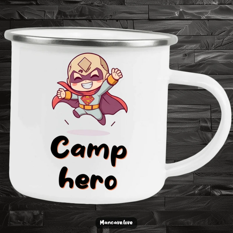 Funny camping mug with a character doing a dramatic superhero landing with a grin, perfect for outdoor heroics.