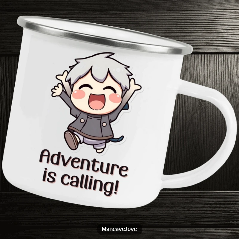 Funny Camping Mug: An excited character jumping with joy, perfect for outdoor adventures and campfire stories, a great funny gift.