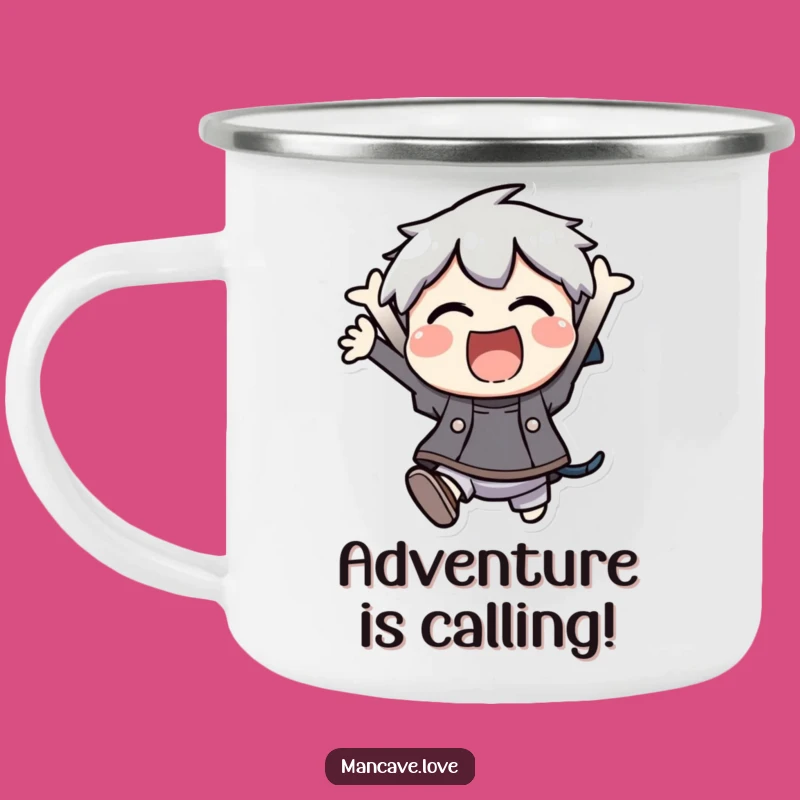 Funny Camping Mug: Excited Character Jumping Around the Campfire