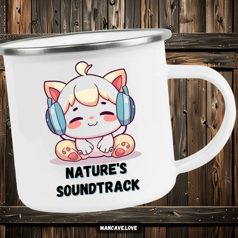 Funny Camping Mug: A character relaxing with large headphones, perfect for outdoor listening, a great funny gift.