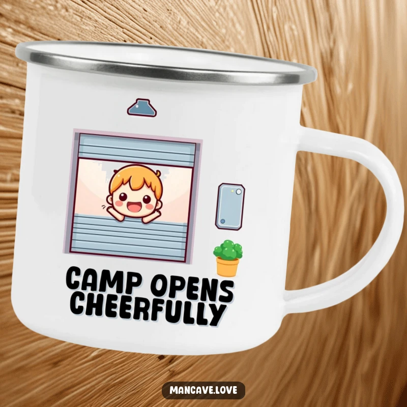 Funny miniature garage door character opening cheerfully, on a sturdy camping mug for outdoor enjoyment.