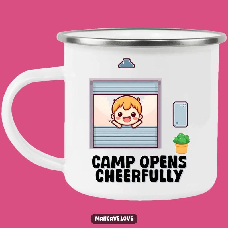 Funny Cheerful Garage Door Camping Mug: Happy Opening Entrance Outdoor Gift