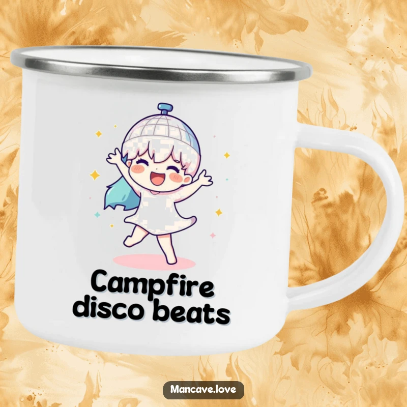 Funny camping mug with a character dancing and a spinning disco ball, durable and humorous for outdoor party vibes.