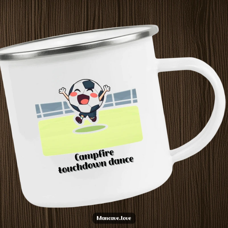 Funny football bounce camping mug with a joyful character bouncing excitedly, ideal for outdoor sports fans.