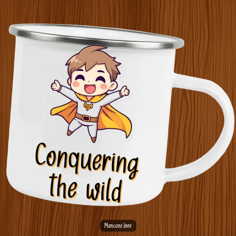 Funny camping mug with a character in a heroic pose and a fluttering cape, durable and humorous for outdoor enthusiasts.