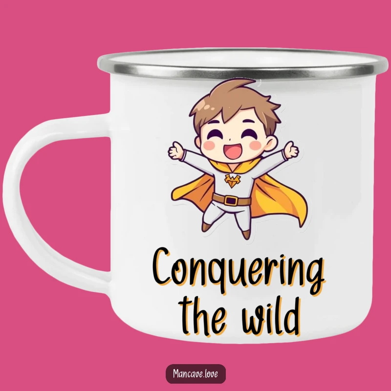 Funny Heroic Pose Camping Mug: Durable Cape Design, Perfect Outdoor Gift
