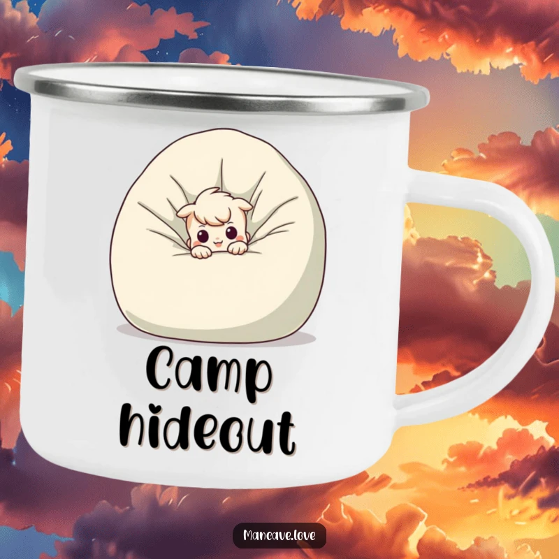 Funny mischievous character camping mug, peeking from behind a giant beanbag chair, durable and humorous design.
