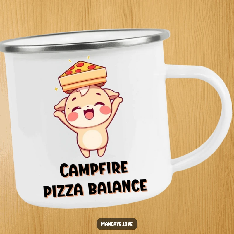 Funny Camping Mug: A delighted character balancing a pizza box on its head, ideal for outdoor pizza enthusiasts.