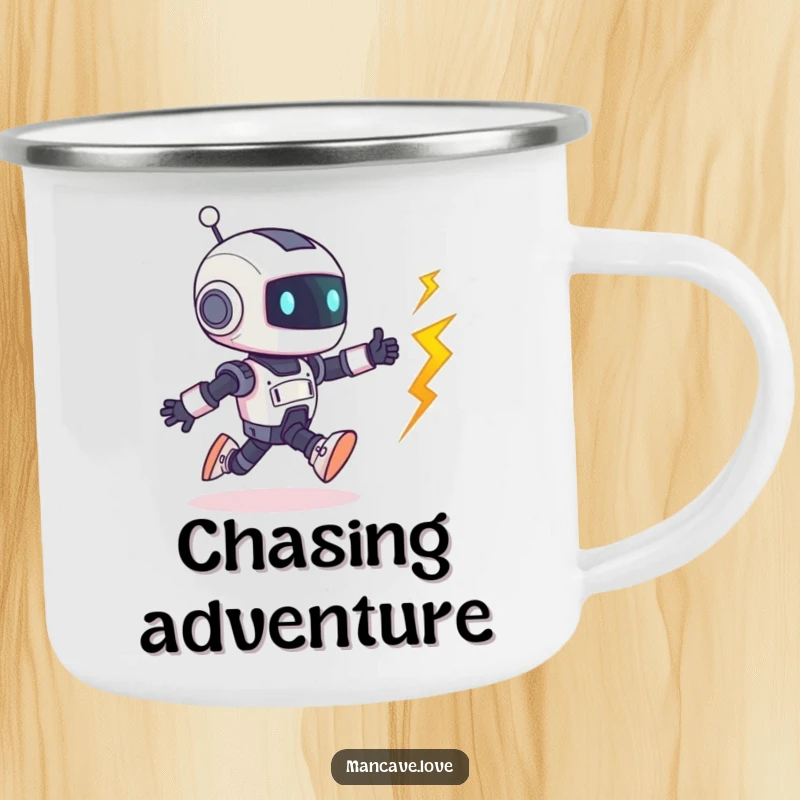 Funny Robot Camping Mug: A tiny robot character playfully chases a runaway bolt, perfect for humorous outdoor enjoyment.