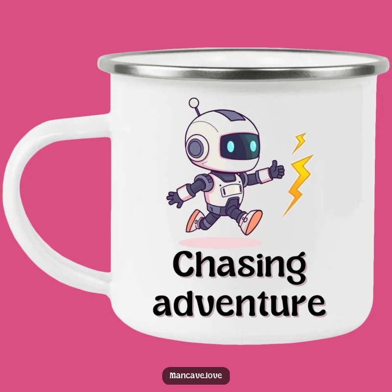Funny Robot Bolt Chase Camping Mug: Durable Playful Design, Perfect Humorous Gift