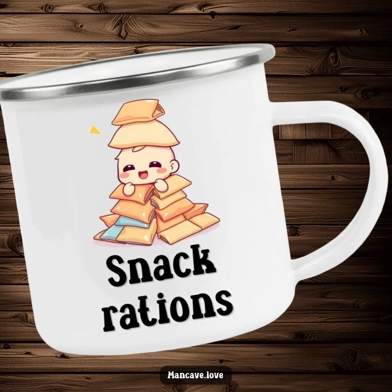 Funny giggling character camping mug, attempting to build a tower of snack bags, durable and humorous design.