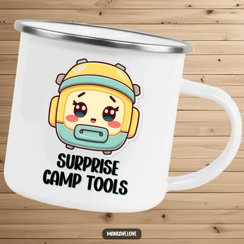 Funny mini toolbox character with a surprised expression, on a sturdy camping mug for outdoor excursions.