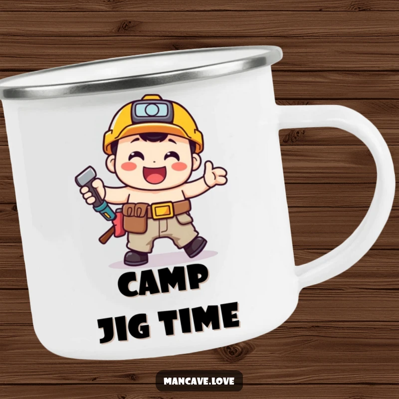 Funny toolbelt character doing a happy jig, on a sturdy camping mug for outdoor merriment.