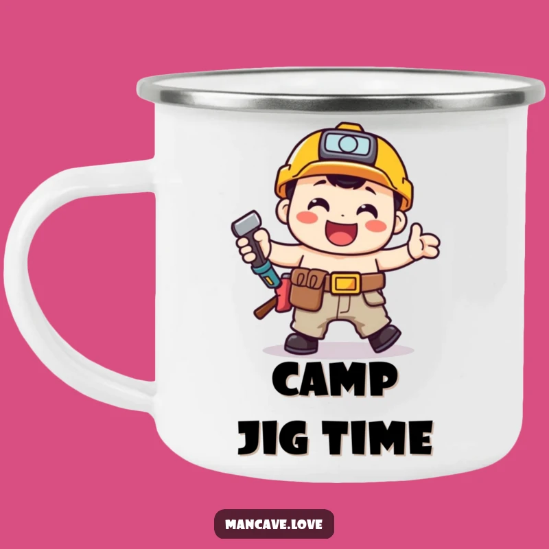 Funny Toolbelt Jig Camping Mug: Happy Handyman Dancing Outdoor Gift
